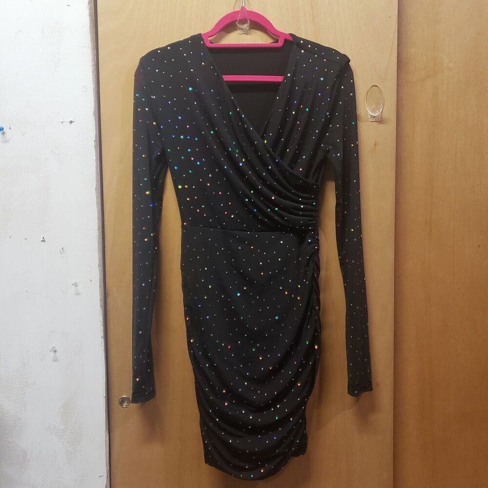 SHEIN brown bodycon mini dress multi-colored iridescent rhinestones Sz 4 #C1